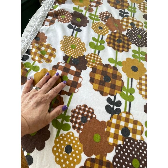 Vintage 70s oval tablecloth, brown, orange green flower power, fringed - Picture 3 of 9